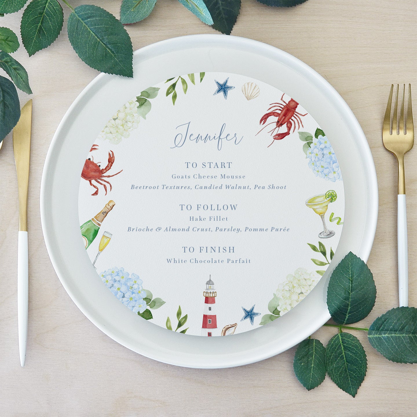 Circle round wedding menu with lobsters and blue hydrangeas